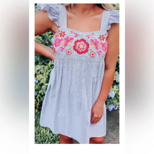 Savanna Jane White Striped Ruffled Dress Floral Embroidery Red Yellow Orange Pink Size L