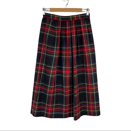 Lands'End VTG  Dark Academia Pleated Red Black Green Tartan Plaid Skirt 100% Wool