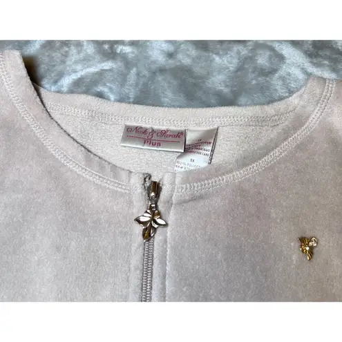 Nick & Sarah Zip Up Fleece Jacket Womens 1X Plus Size Beige Embroidered Leaves Tan