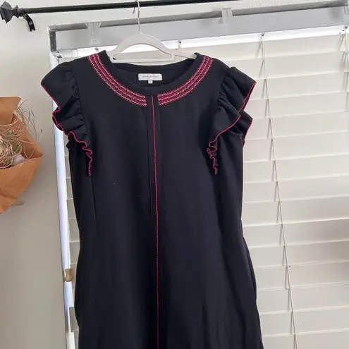 Casilda Mutt Black Embroidered Shift Dress – Red & Pink Floral, Flutter Sleeve S