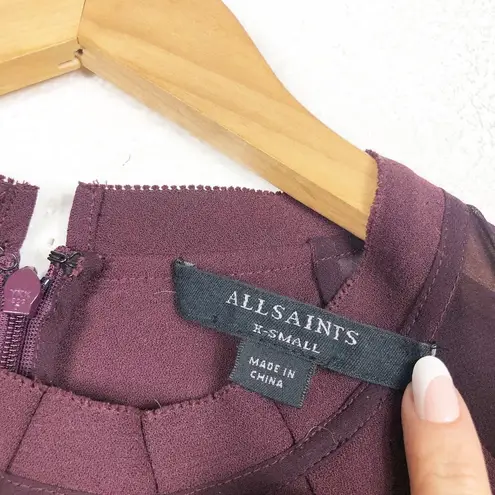 ALLSAINTS Jay Pleated Mini Dress XS Bordeaux Red Semi Sheer Casual Sleeveless