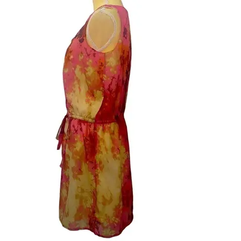 Vivienne Tam water color pink/beige poly sleeveless dress. Tie waist. Size M.