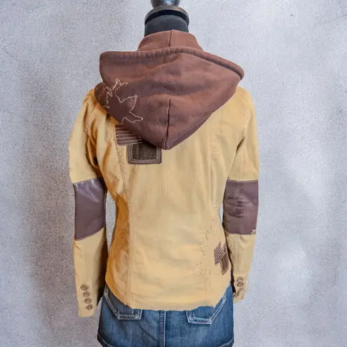 Vintage Y2K Garment Touch Corduroy Patchwork Brown Tan Hoodie Jacket Medium