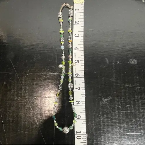 Boho Mixed Bead Necklace Green Blue Silver Handmade Glass & Metal Beads Festival