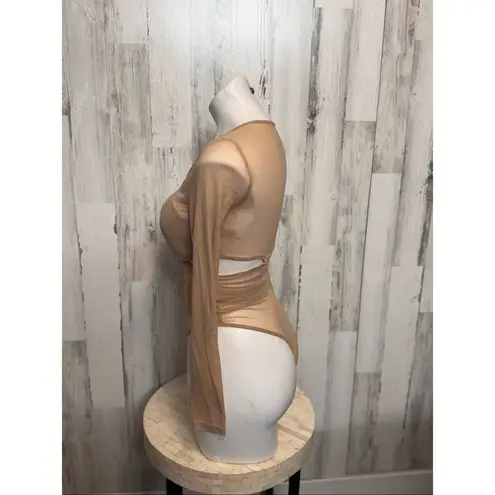 Nude Sheer Mesh Long Sleeve Ruched Cut Out Bodysuit – Sexy Stretchy One Piece To Tan Size M