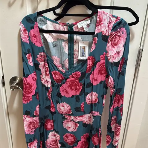 Sofia Vergara Floral Print Long Sleeve Midi Dress Women Size S Teal Pink Roses Green