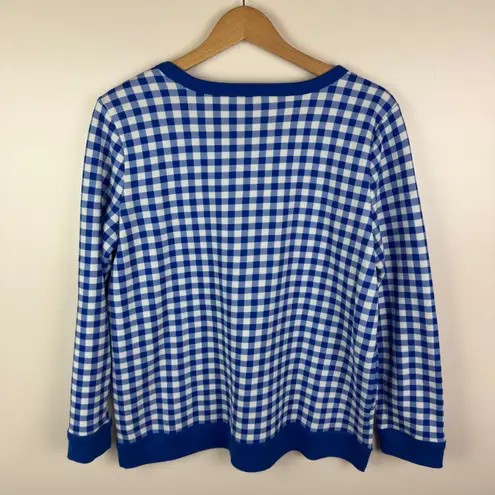 Talbots  Blue Gingham Crewneck Sweatshirt Size LP Preppy Fleece Lined Comfy Cozy