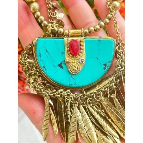 VTG NWT Tanjore India Necklace Turquoise Brass Curb Link Chain Egyptian look Blue