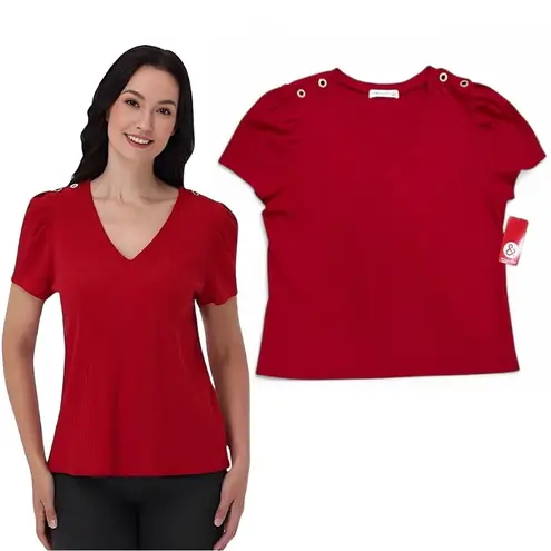 89th & Madison Red Ribbed Top with Gold Rhinestone Grommets NWT Size Large