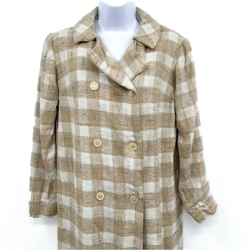 Vintage Tweed Double Breasted Plaid Gingham Jacket Coat Peacoat Trench Long Tan Size M