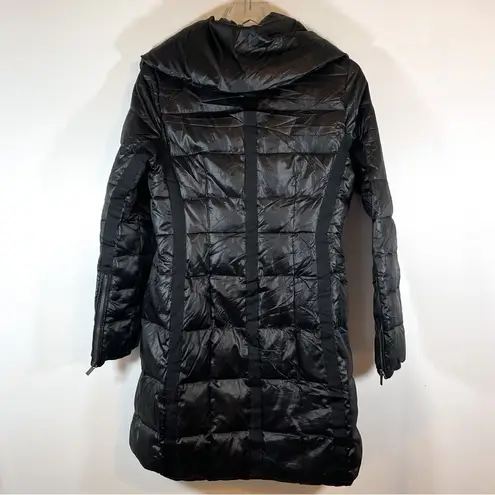 BCBG MAXAZRIA Long Puffer Coat Black Shiny Metallic Full Zip Size Small