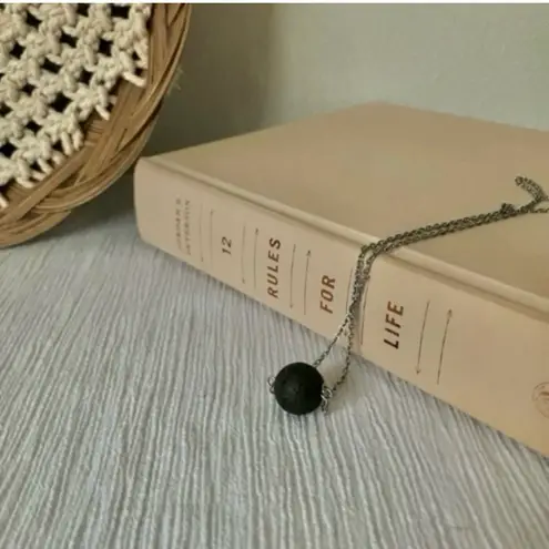 Black Lava Stone Essential Oil Necklace Silver Chain Smell Therapy Minimal Neutral