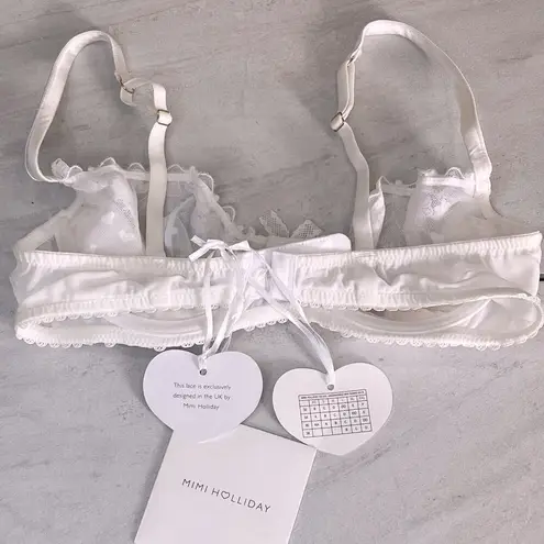 Mimi Holliday M Padded Bra Honeysuckle 1/4 Cup Plunge Silk Bridal Lace Bow Heart White Size M