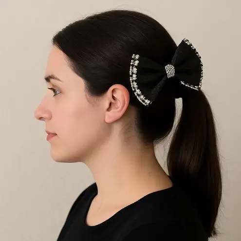 Handmade Preppy Houndstooth Glitter Hair Bow Black White Clip Barrette