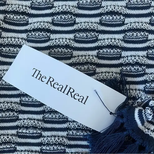 Minnie Rose Knit Linen Blend Navy White Tank Top w Fringe Size XS