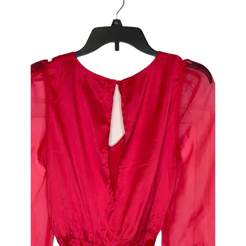 Fanco Women Romper Sheer V Neck Lace Long Sleeve Tie Waist Red Sz. Medium NWT