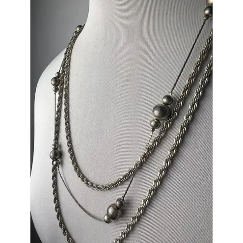 vintage metallic silver toned chain metal necklace with beads