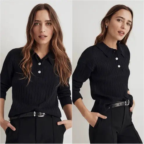 Madewell Top Variegated Rib Boxy Polo Shirt Long Sleeve True Black M NWT New