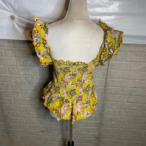 Jennifer And Grace Yellow Ruffle Sleeves Floral Smocked Peplum Top Size Large Yellow