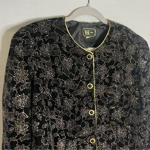 Vintage R&K Evening Blazer Jacket Women's Large Black Velvet Floral Glitter