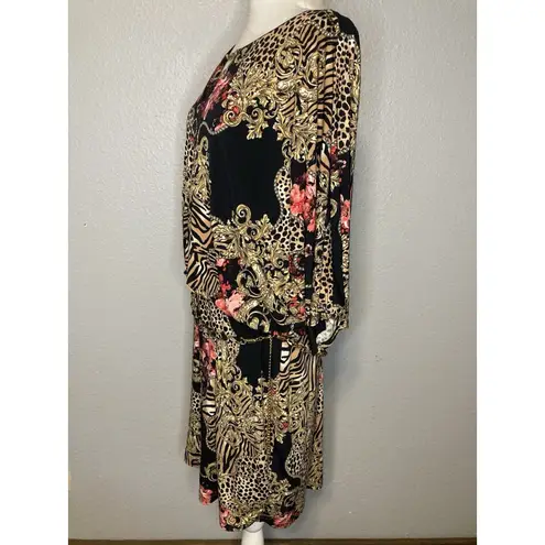 Thalia Sodi Designer Dress XXL Blouson Braided Gold Belt Black Open 3/4 Sleeve