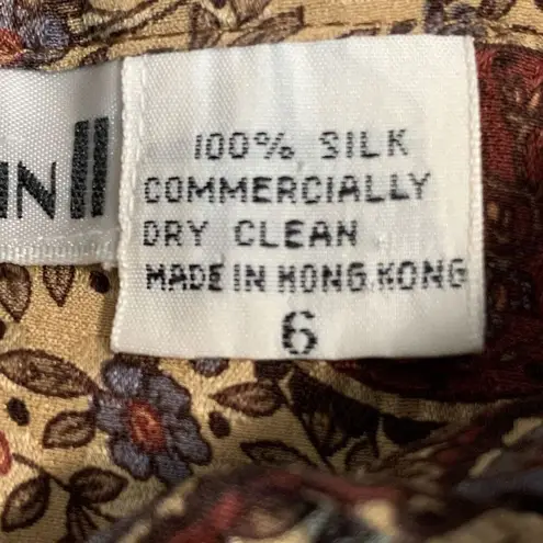 Vintage 90s Top Tan Maroon Silk Paisley Button Front Long Sleeve Dark Floral 6