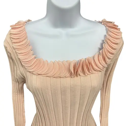 Prominence Women's Pink Ribbed Knit Square Neck Ruffled Long Sleeve Sweater L Size L