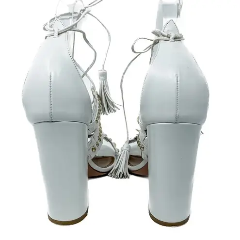 Aquazzura White Tulum Fringed Leather Studded Gladiator Sandal size 37.5