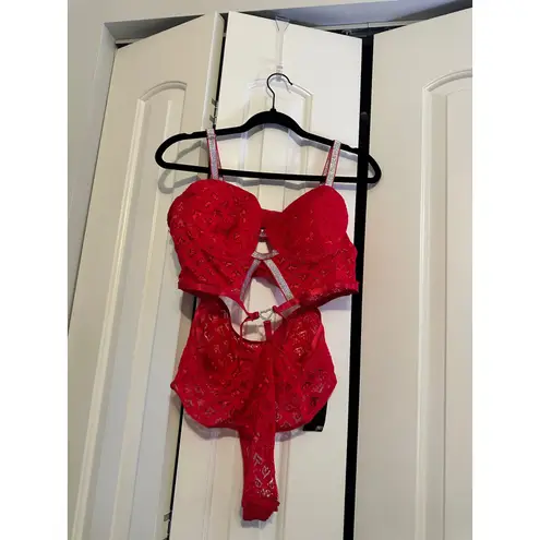BodyRage Red Lace Bodysuit Lingerie Rhinestone Straps Valentine's Day NEW 1X Red