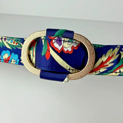 Women's Floral Satin Embroidered Belt Gold Oval Buckle Boho Vintage Style 35"