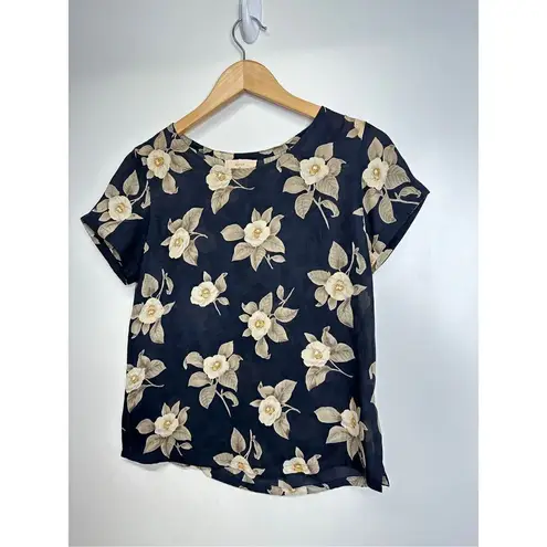 Designs by Pat Argenti Shirt Womens Short Sleeve Floral Blouse Black/Tan Size Sm Black