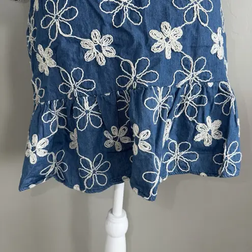 ECI Womens 6 Floral Embroidered Denim Off The Shoulder Dress Blue White Pocket