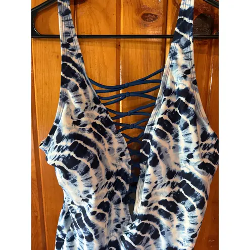 Tie Dye One Piece Swimsuit Criss Cross front Blue White
