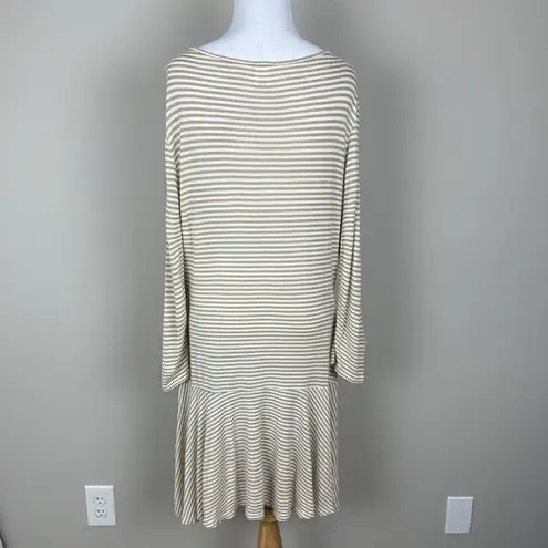 Peruvian Connection Tunic Top Womens Medium Beige White Striped Flowy Sharkbite