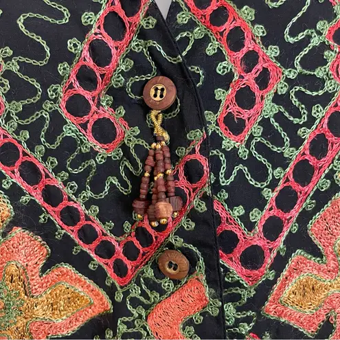 Vintage Embroidered Vest Beaded Tassels Women Petite Medium Black Boho Hippie Size undefined