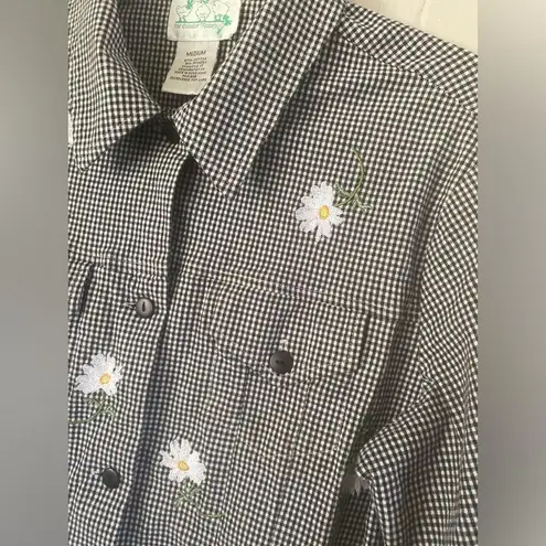 Quacker Factory Medium Gingham Jacket Black White Embroidered Daisy Button Up