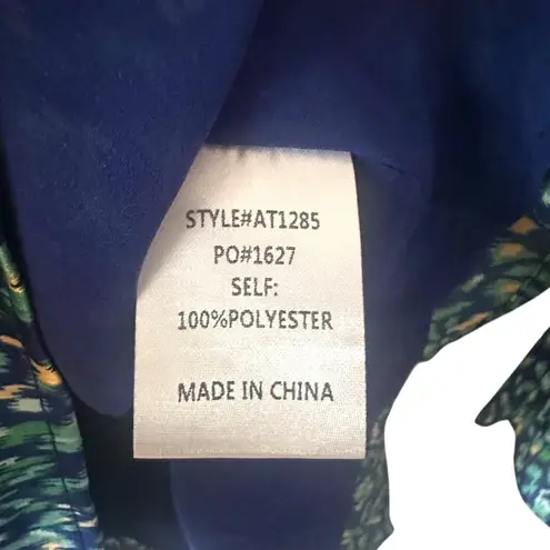 AnnieWear Los Angeles Boho Chiffon Blouse L Blue Green Ikat Ruffle Sleeve Size L