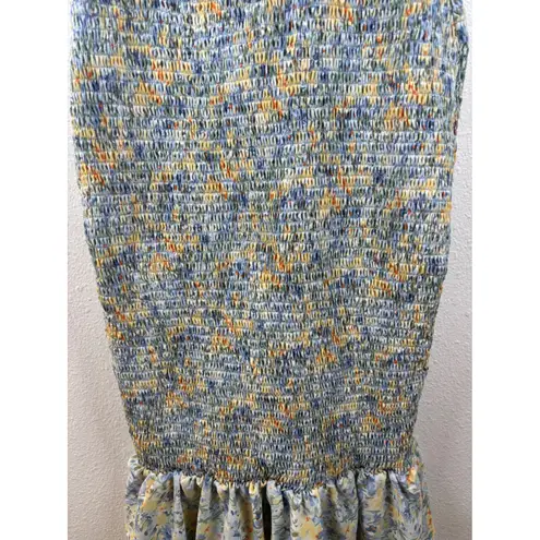 Pretty Garden Small Floral Smocked Tank Midi Dress Square Neck Ruffle Hem Blue