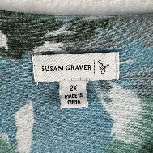 Susan Graver Plus 2X Top Liquid Knit Triple Layer Ruffle Printed A-Line V-Neck
