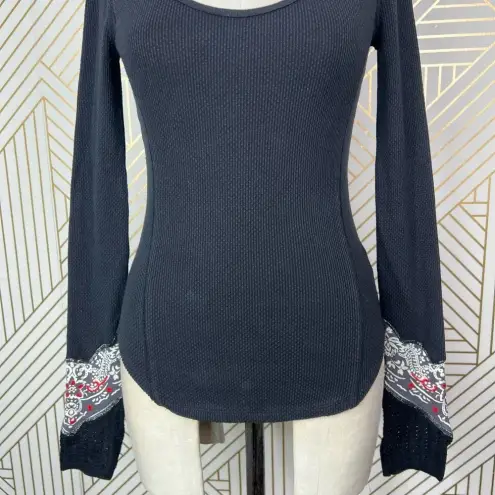 Free People ‎ Bandana Cuff Thermal Top in Black Size US XS