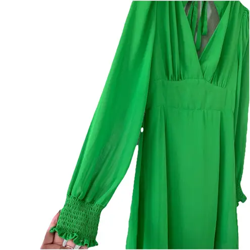 MELLODAY NWT Green Midi Dress M Smocked Cuffs Tie Back Cottagecore Romantic