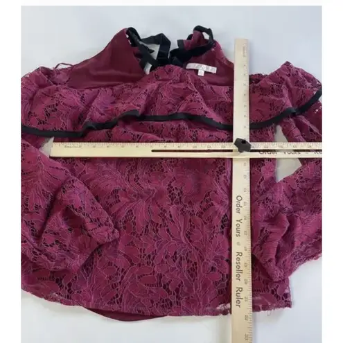 WAYF Lace Blouse Womens Small Burgundy Off Shoulder Sheer Helena Ruffle Tie