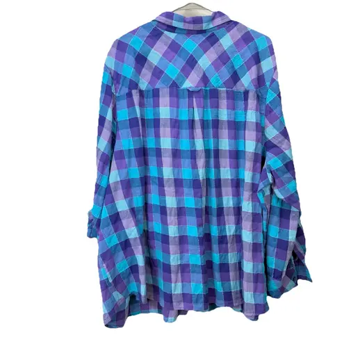 Catherines Blue Purple Metallic Plaid Button Up Cotton Shirt Size 4X