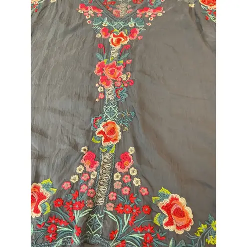 Johnny Was Embroidered Tunic Dress Gray Floral V Neck Short Sleeve Women XL