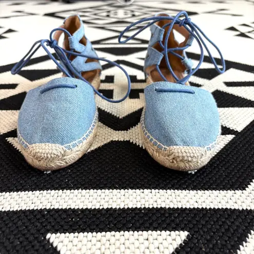 Aquazzura Belgravia Flat Lace Up Espadrilles in Light Denim Blue Size 6