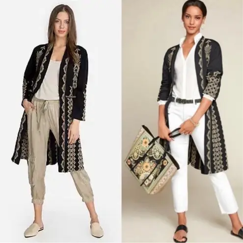 Johnny Was Black&White Embroidered Open Front Cotton Kimono Duster Jacket Sz.2X