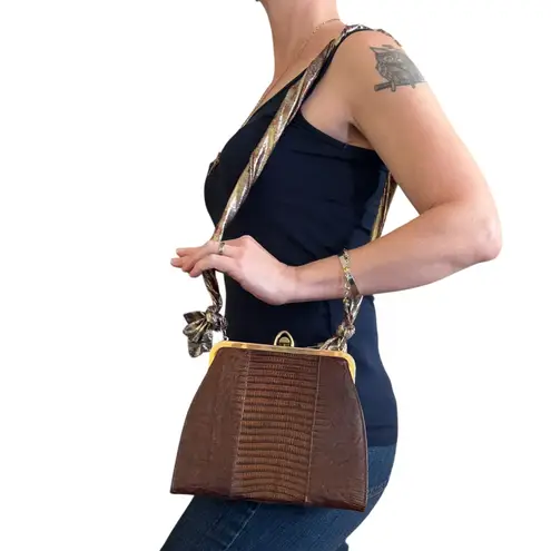 Vintage Genuine Lizard Brown Leather Frame Handbag with Oscar de la Renta Scarf