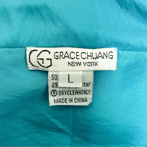 Grace Chuang Turquoise Blue Satin Floral Embroidered Open Front Short Jacket Size L