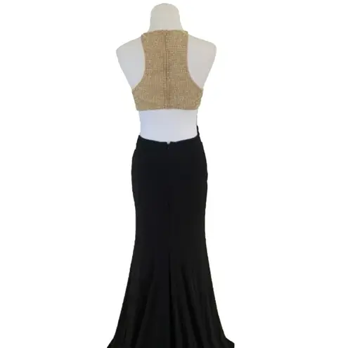 La Femme  Stretch Jersey Maxi Dress High Neck Bling Prom Formal Black & Gold 4