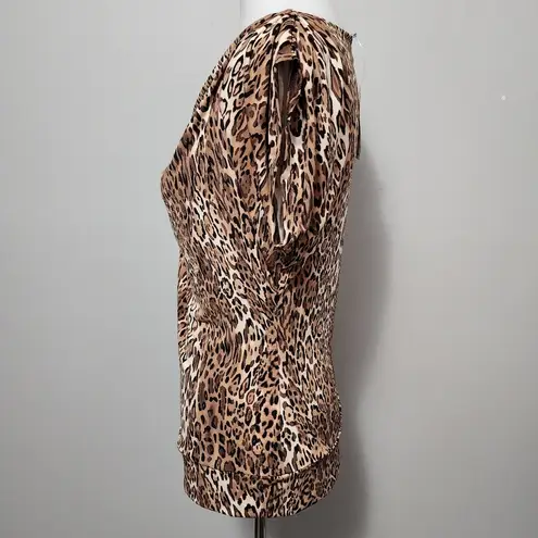 Pacific&Co NY& Brown Tan Leopard Print Asymmetric Neck Jersey Knit Blouse Size Small